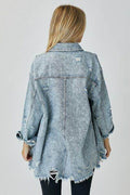 RISEN Distressed Raw Hem Denim Shirt - Hovatok