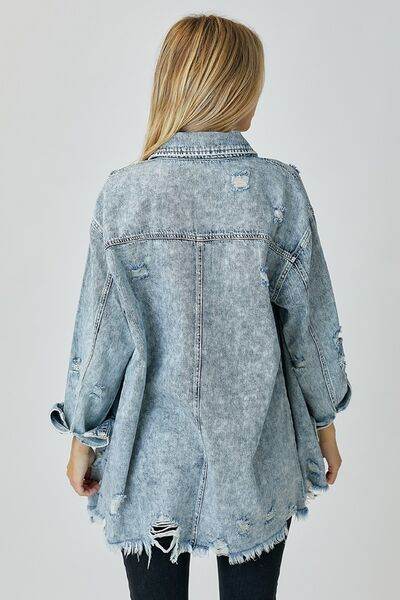 RISEN Distressed Raw Hem Denim Shirt - Hovatok
