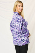 Double Take Full Size Printed Ruffle Trim Balloon Sleeve Shirt - Hovatok