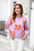 Angel Wings Floral Print Round Neck Dropped Shoulder Pullover Sweater - Hovatok