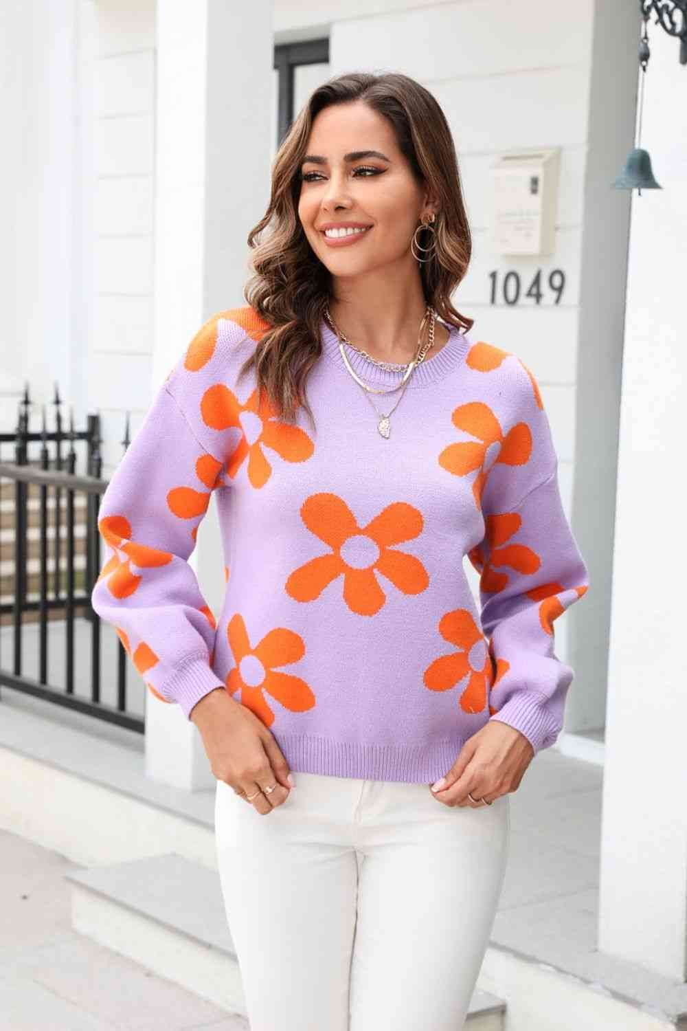 Angel Wings Floral Print Round Neck Dropped Shoulder Pullover Sweater - Hovatok