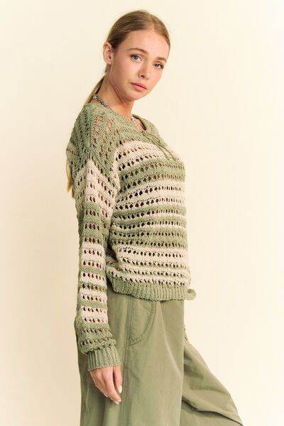 Davi & Dani Contrast Striped Crochet Drop Shoulder Knit Cover Up - Hovatok