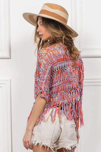BiBi Open Front Fringed Crop Knit Cardigan - Hovatok