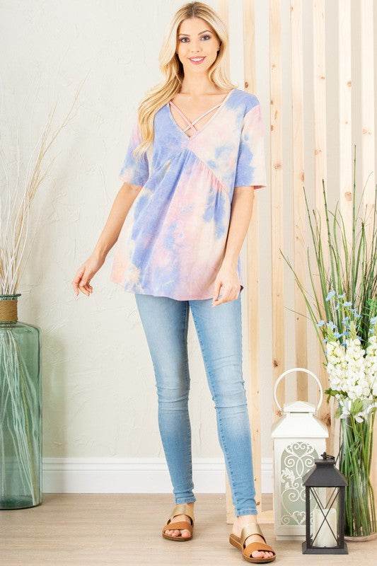 Heimish Full Size Crisscross Tie Dye Babydoll Top Plus Size - Hovatok