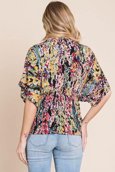 BOMBOM Printed Surplice Peplum Blouse - Hovatok