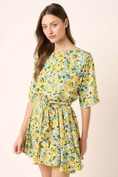 Mittoshop Floral Tie Waist Half Sleeve Mini Dress - Hovatok