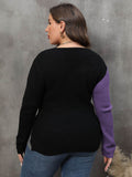 Plus Size Two-Tone Surplice Neck Sweater - Hovatok
