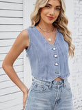 V-Neck Button Down Denim Vest - Hovatok