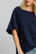 Umgee Full Size Boxy Cut Jacquard Round Neck Top with Side Slit Plus Size - Hovatok