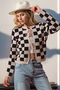 Double Take Full Size Checkered Tie Front Long Sleeve Cardigan - Hovatok