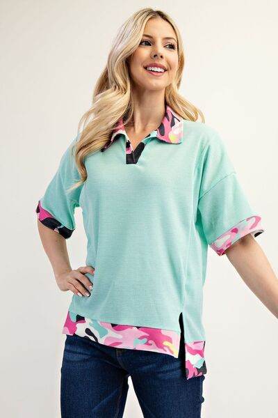 Celeste Full Size Camouflage Trim Waffle Side Slit Top Plus Size - Hovatok