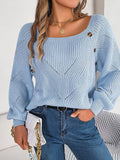 Openwork Buttoned Square Neck Sweater - Hovatok
