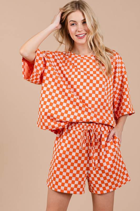 Ces Femme Checkered Round Neck Top and Shorts Set - Hovatok