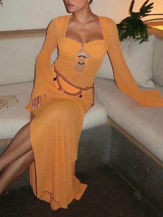 Slit Plunge Flare Sleeve Cover-Up Dress - Hovatok
