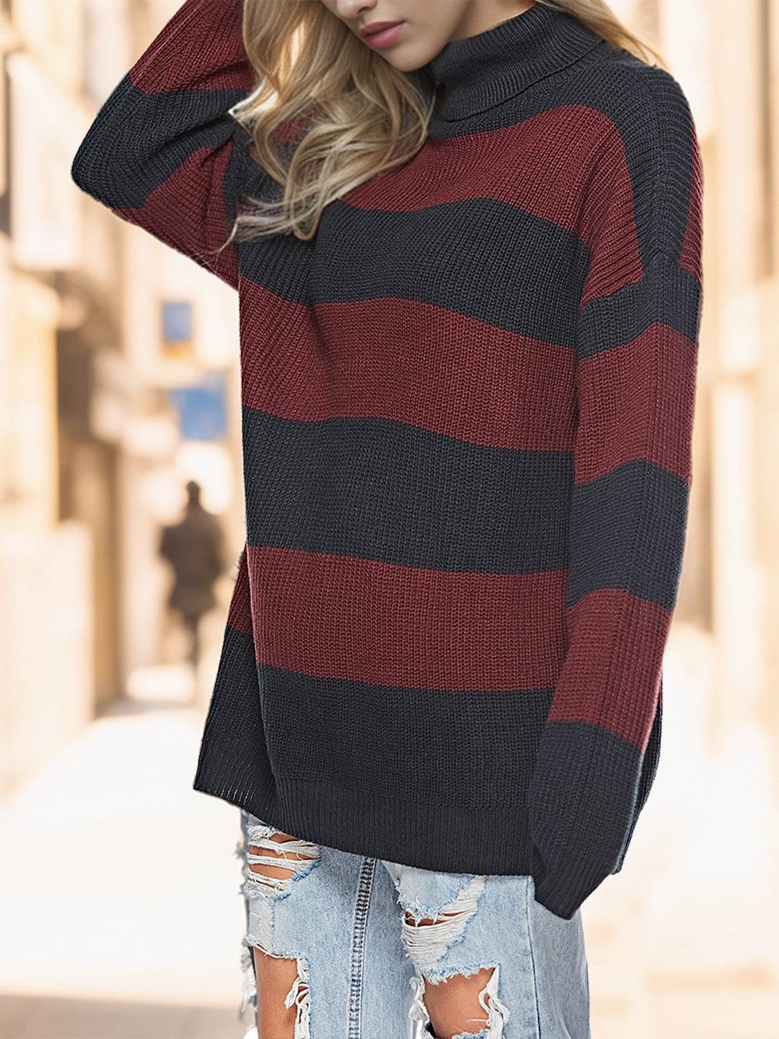 Striped Turtleneck Long Sleeve Sweater - Hovatok