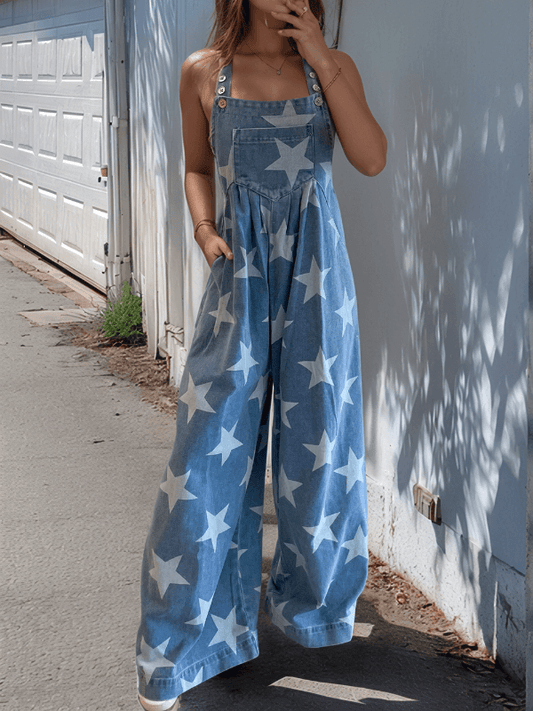 Star Print Buttoned Strap Wide Leg Denim Overalls - Hovatok