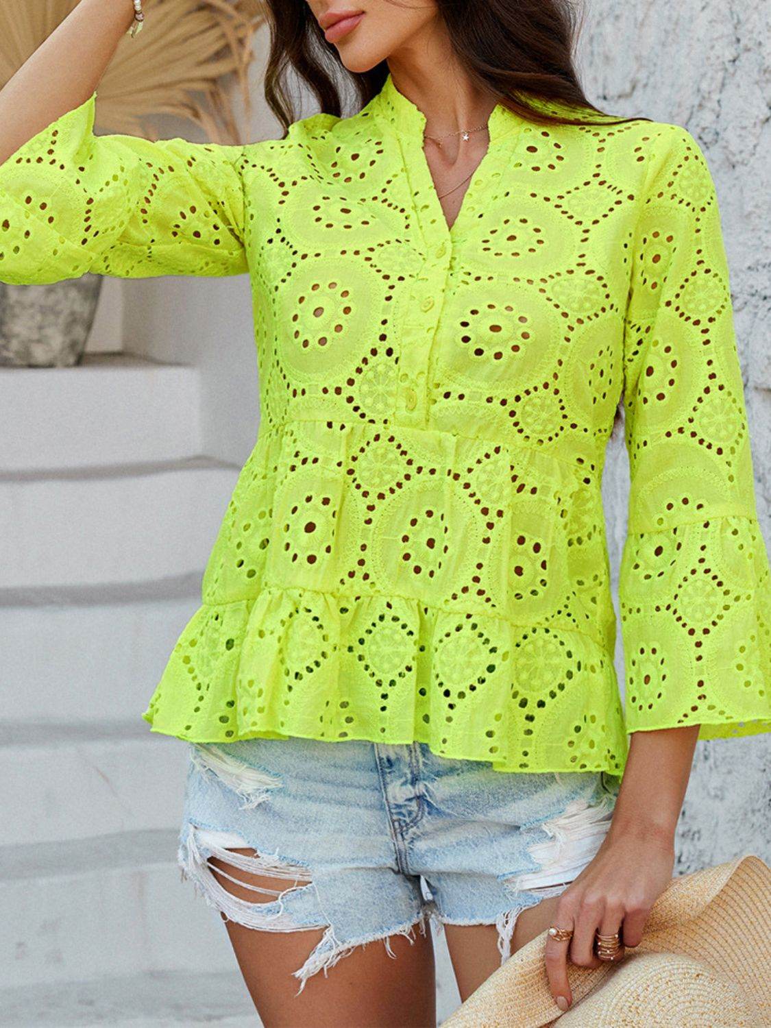 Devine Half Button Flounce Sleeve Peplum Blouse - Hovatok