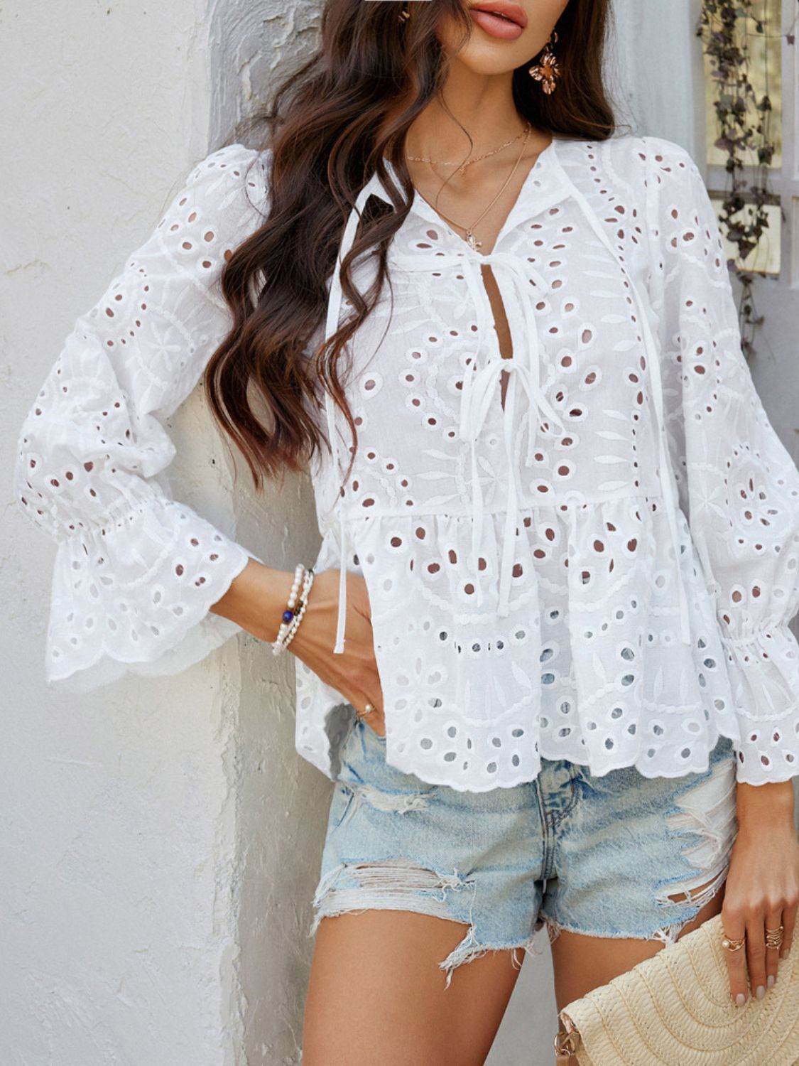Devine Tie Front Flounce Sleeve Peplum Blouse - Hovatok