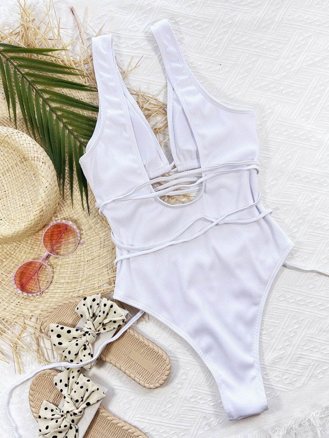 Ribbed Lace Up One-Piece Swimsuit - Hovatok