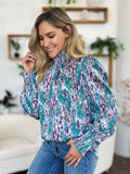 Double Take Full Size Printed Smocked Long Sleeve Blouse - Hovatok
