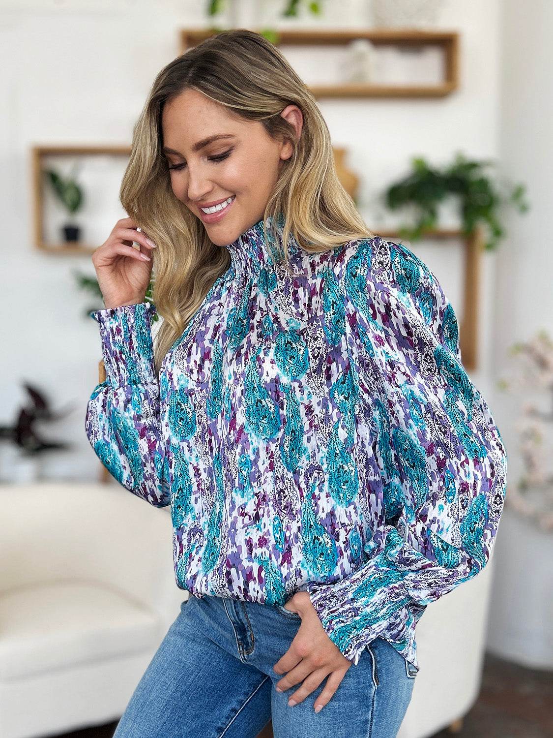 Double Take Full Size Printed Smocked Long Sleeve Blouse - Hovatok