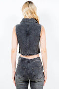 American Bazi Zip Up Washed Crop Denim Vest - Hovatok