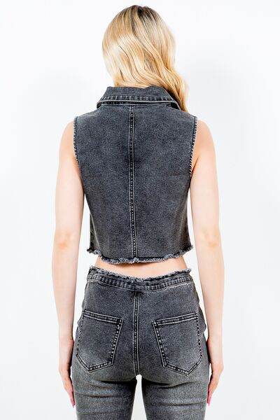 American Bazi Zip Up Washed Crop Denim Vest - Hovatok