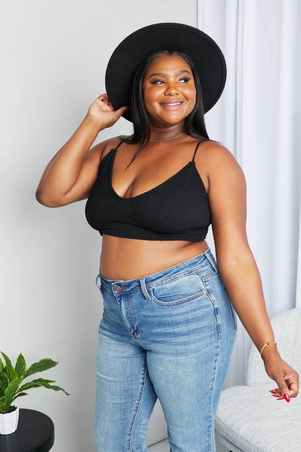 Zenana Full Size Textured Spaghetti Strap Bralette in Black - Hovatok