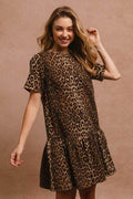 BiBi Tie Back Leopard Round Neck Short Sleeve Dress - Hovatok
