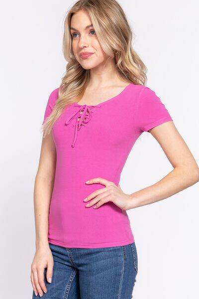 ACTIVE BASIC Lace Up Short Sleeve Rib Knit T-Shirt - Hovatok