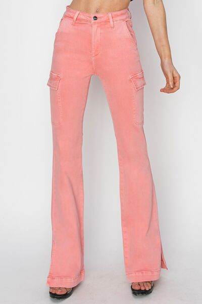 RISEN Full Size High Rise Side Slit Cargo Bootcut Jeans - Hovatok