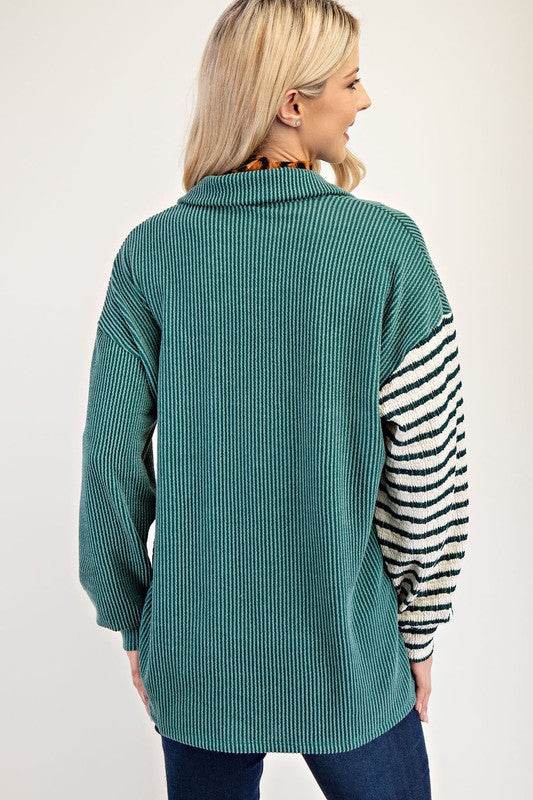 Celeste Full Size Striped Button Up Dropped Shoulder Shacket - Hovatok