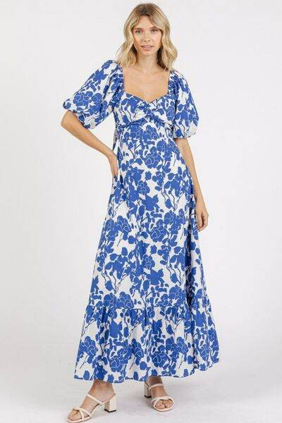 Mittoshop Cutout Back Floral Sweetheart Neck Puff Sleeve Dress - Hovatok