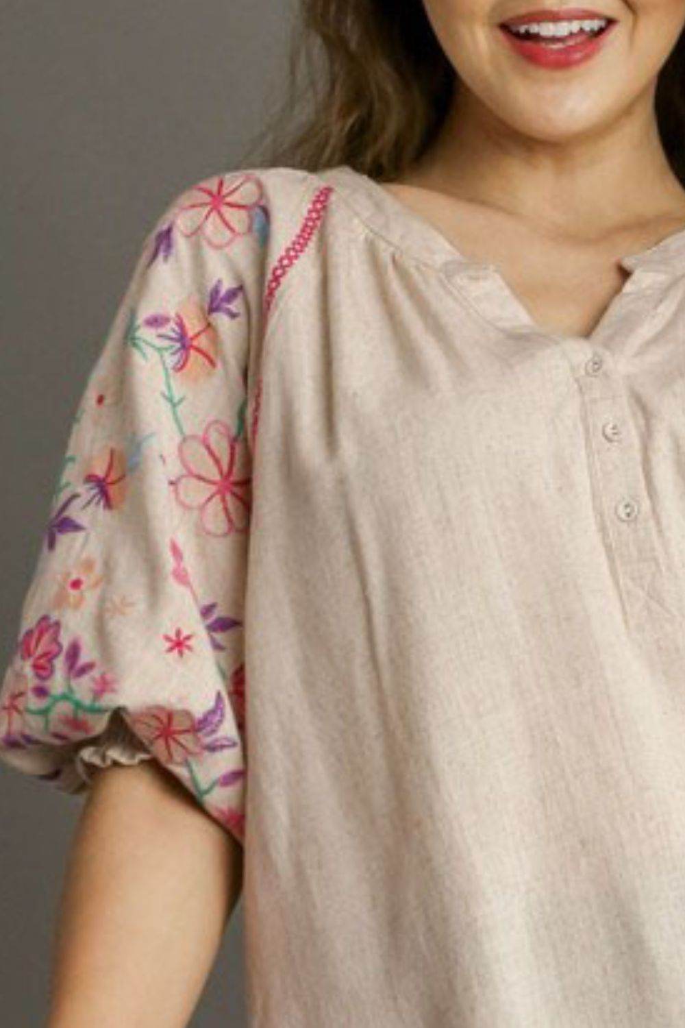 Umgee Full Size Half Button Top with Embroidery Sleeves Plus Size - Hovatok