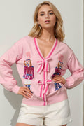 Double Take Full Size Nutcracker Sequin Bow Decor Cardigan - Hovatok