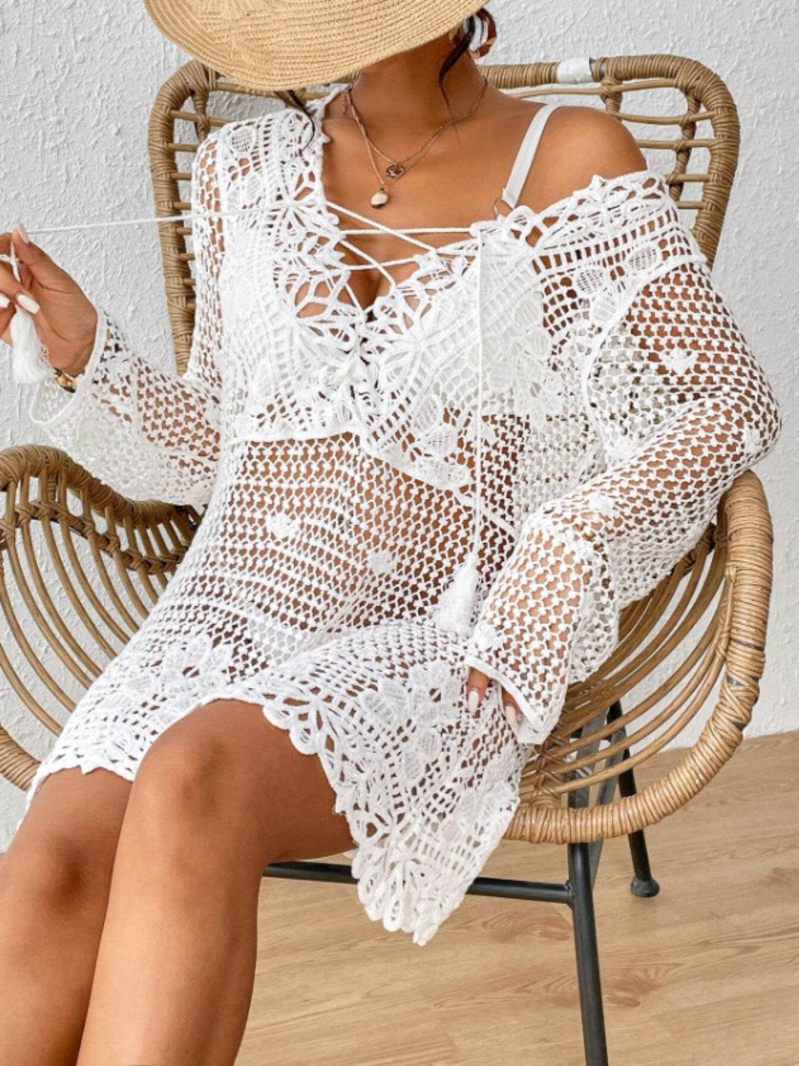 Cutout Tied V-Neck Long Sleeve Cover Up - Hovatok