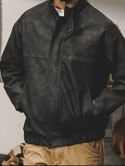 Men's Plus Size Zip Up Stand Collar Biker Jacket - Hovatok