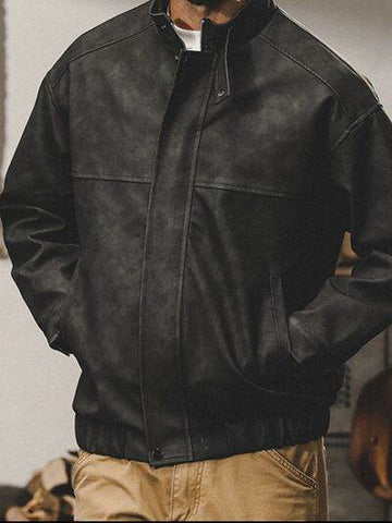 Men's Plus Size Zip Up Stand Collar Biker Jacket - Hovatok