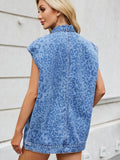Leopard Button Up Cap Sleeve Denim Jacket - Hovatok