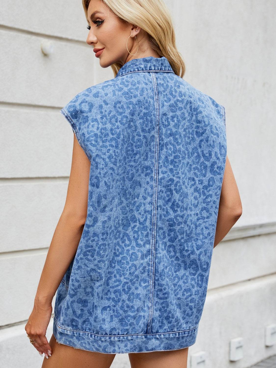 Leopard Button Up Cap Sleeve Denim Jacket - Hovatok