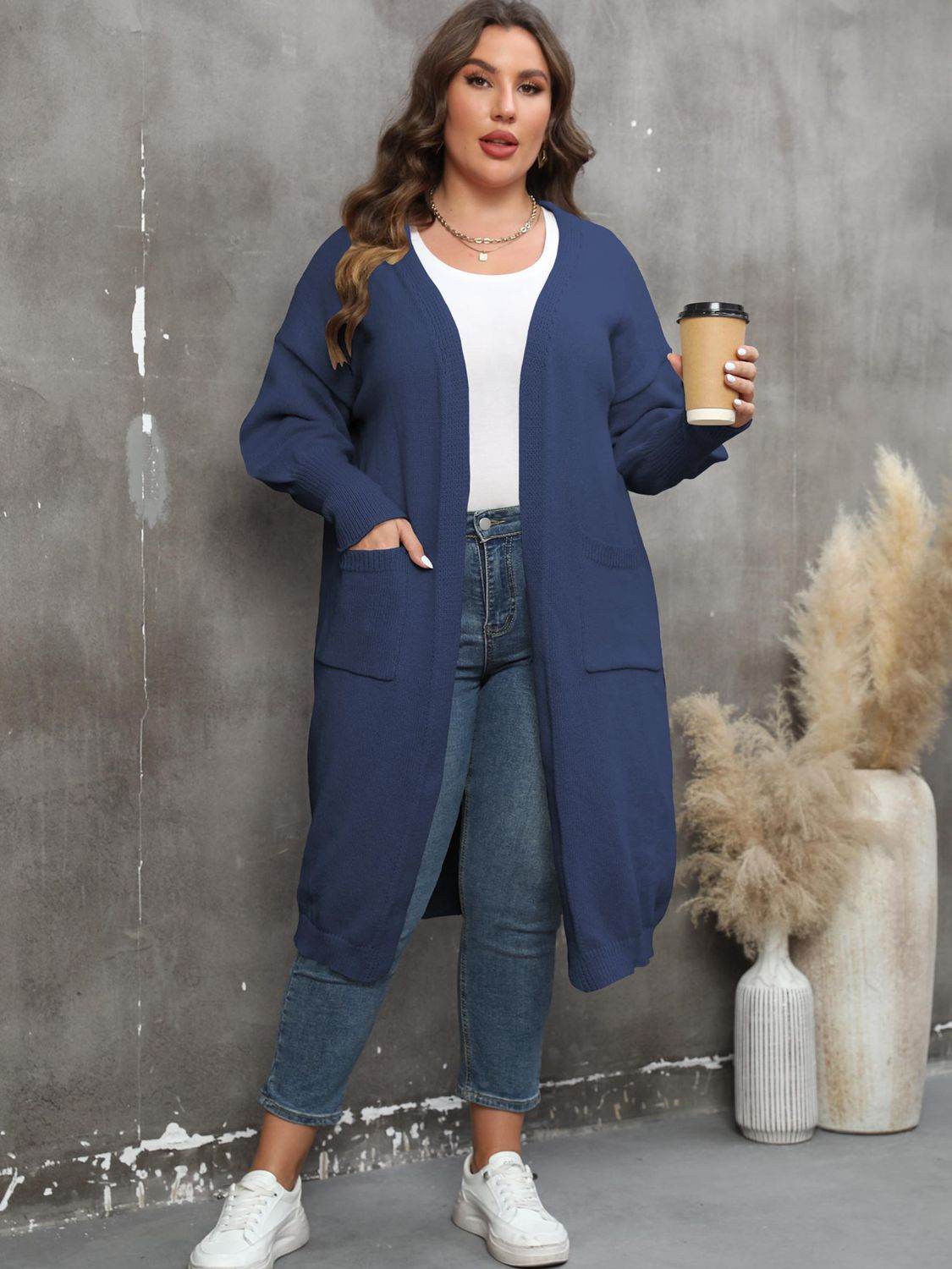Plus Size Long Sleeve Pocketed Cardigan - Hovatok