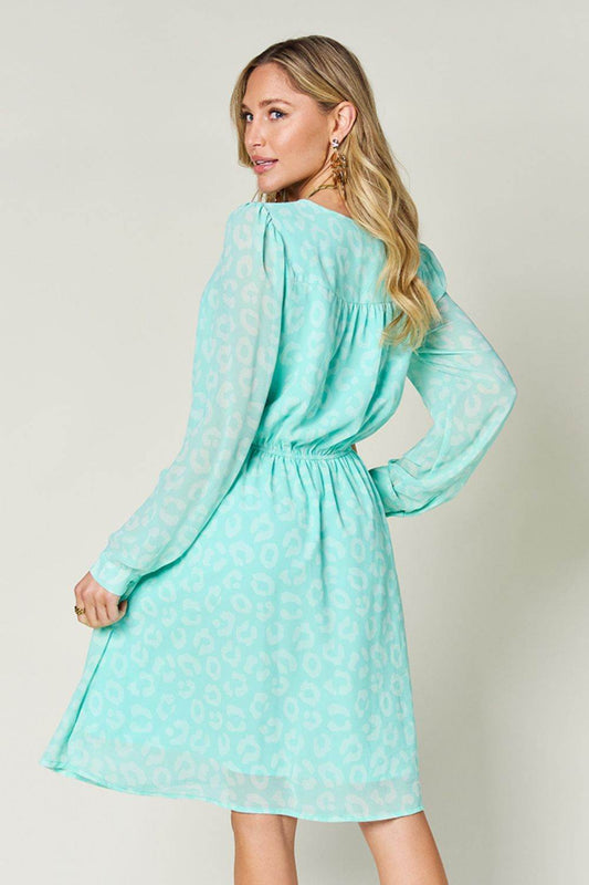 Double Take Full Size Printed Ruched V-Neck Long Sleeve Dress - Hovatok