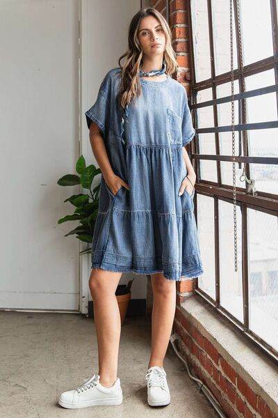 Mittoshop Washed Chambray Denim Oversized Tier Mini Dress - Hovatok