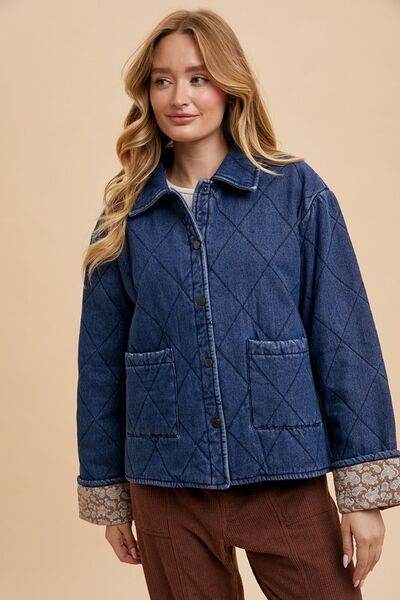 Annie Wear Quilted Printed Lining Snap Down Denim Jacket - Hovatok