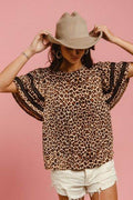BiBi Leopard Crochet Trim Round Neck Short Sleeve Top - Hovatok