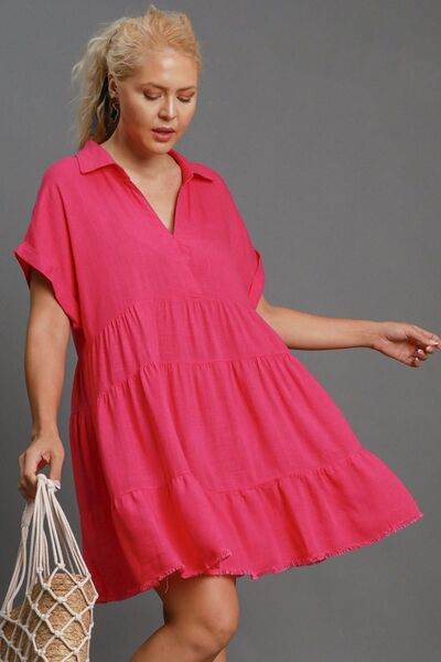 Umgee Full Size Raw Hem Folded Sleeve Tiered Dress Plus Size - Hovatok