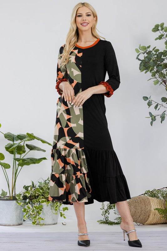 Celeste Full Size Color Block Midi Dress Plus Size - Hovatok
