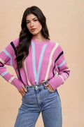 Annie Wear Chevron Stripe Round Neck Ribbed Sweater - Hovatok