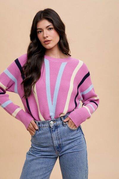 Annie Wear Chevron Stripe Round Neck Ribbed Sweater - Hovatok