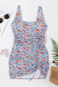 Drawstring Printed Wide Strap Swim Dress - Hovatok